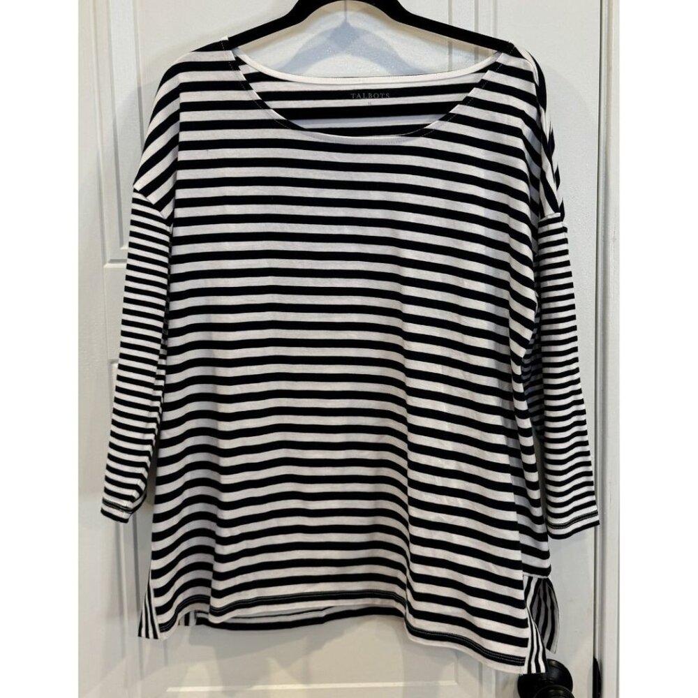Talbots Black & White 3/4 Length Sleeve T-Shirt XL Classic Preppy EUC Work